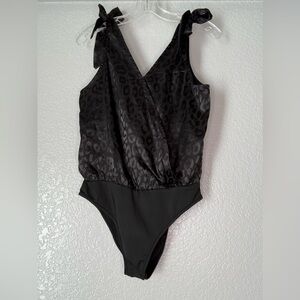 Leopard Print Women's Bodysuit V Neck Tie Shoulder Satin Cami V Back Blouse/Tank